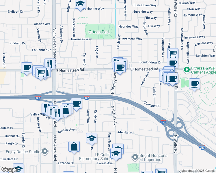 map of restaurants, bars, coffee shops, grocery stores, and more near 10902 Northfield Square in Cupertino