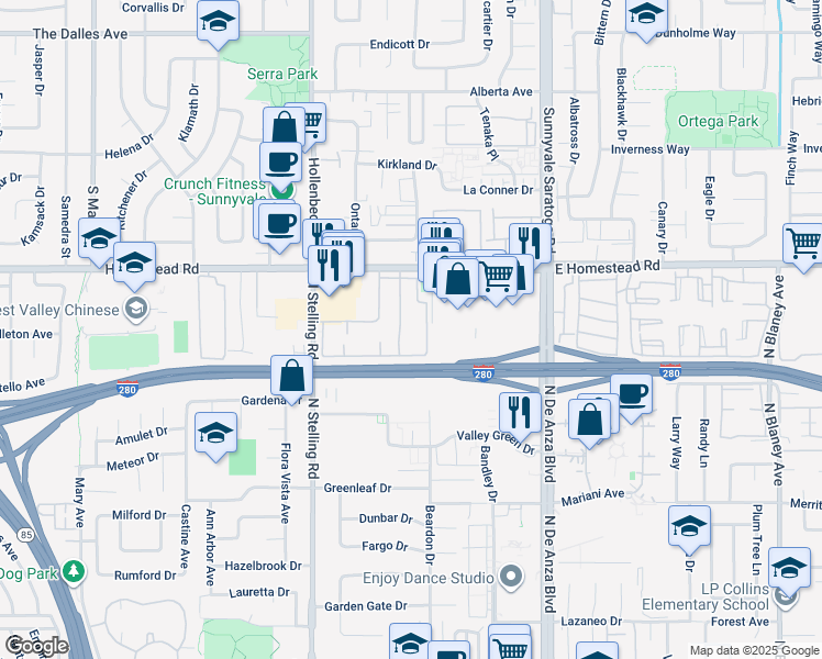 map of restaurants, bars, coffee shops, grocery stores, and more near 20800 Homestead Road in Cupertino