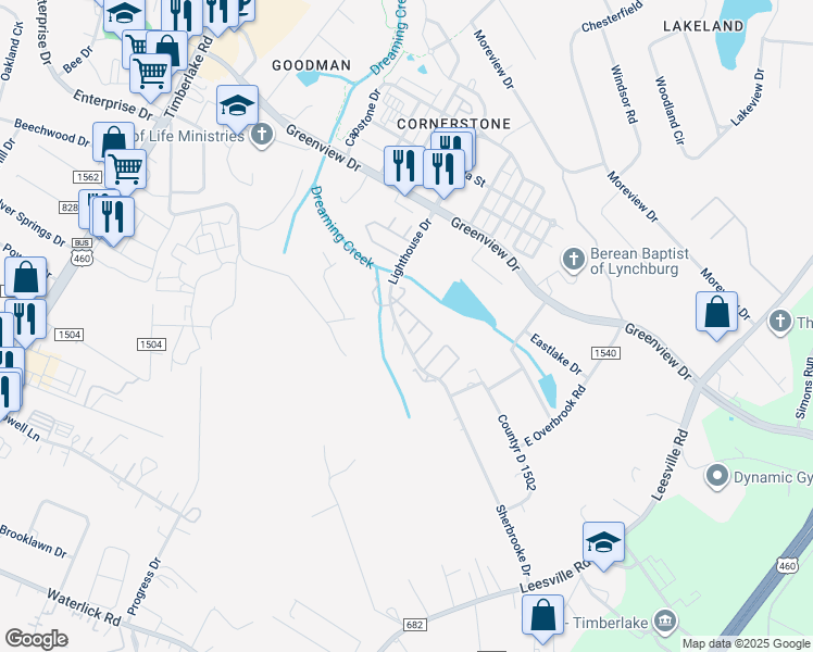map of restaurants, bars, coffee shops, grocery stores, and more near 23 Cape Henry Court in Lynchburg