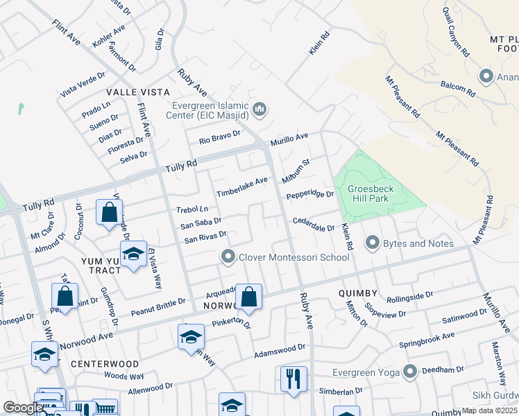 map of restaurants, bars, coffee shops, grocery stores, and more near 3368 Thrift Place in San Jose