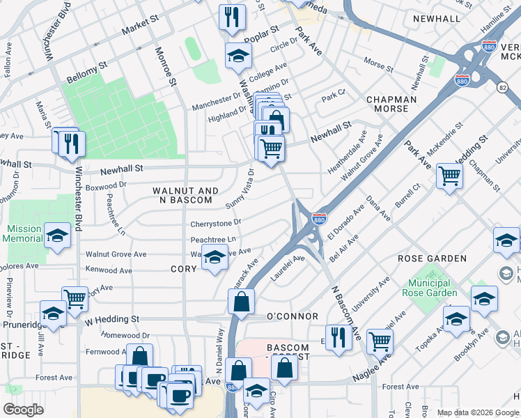 map of restaurants, bars, coffee shops, grocery stores, and more near 2117 Cherrystone Drive in San Jose