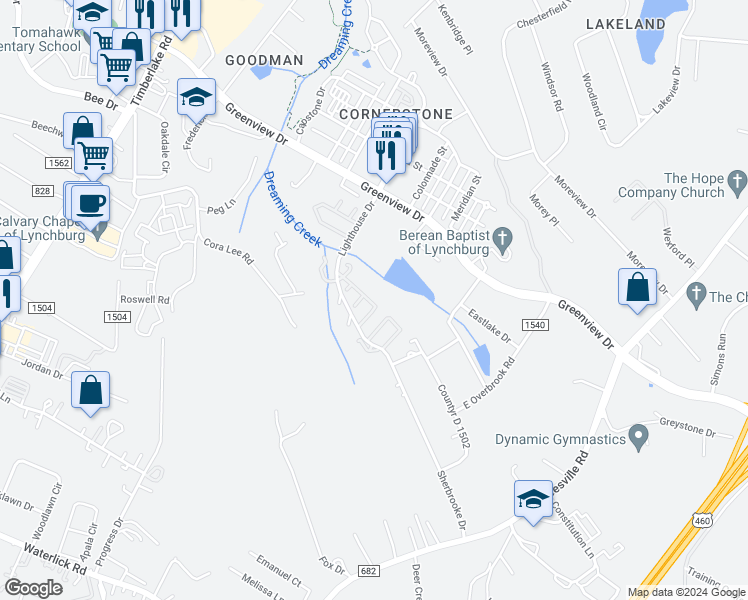 map of restaurants, bars, coffee shops, grocery stores, and more near 122 Kitty Hawk Square in Lynchburg