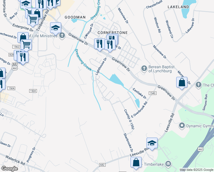 map of restaurants, bars, coffee shops, grocery stores, and more near 124 Kitty Hawk Square in Lynchburg