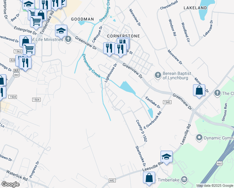 map of restaurants, bars, coffee shops, grocery stores, and more near 124 Kitty Hawk Square in Lynchburg