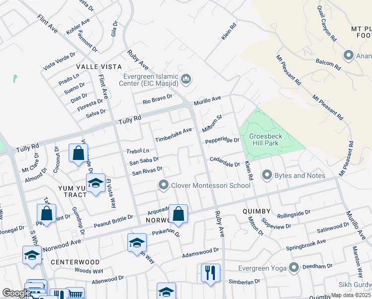 map of restaurants, bars, coffee shops, grocery stores, and more near 3368 Thrift Place in San Jose