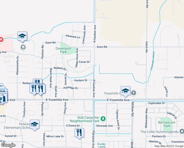 map of restaurants, bars, coffee shops, grocery stores, and more near 3882 Tern Court in Merced