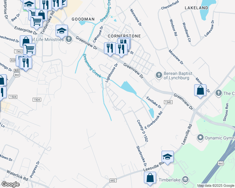 map of restaurants, bars, coffee shops, grocery stores, and more near 122 Kitty Hawk Square in Lynchburg