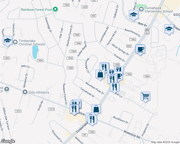 map of restaurants, bars, coffee shops, grocery stores, and more near 300 Westridge Circle in Lynchburg