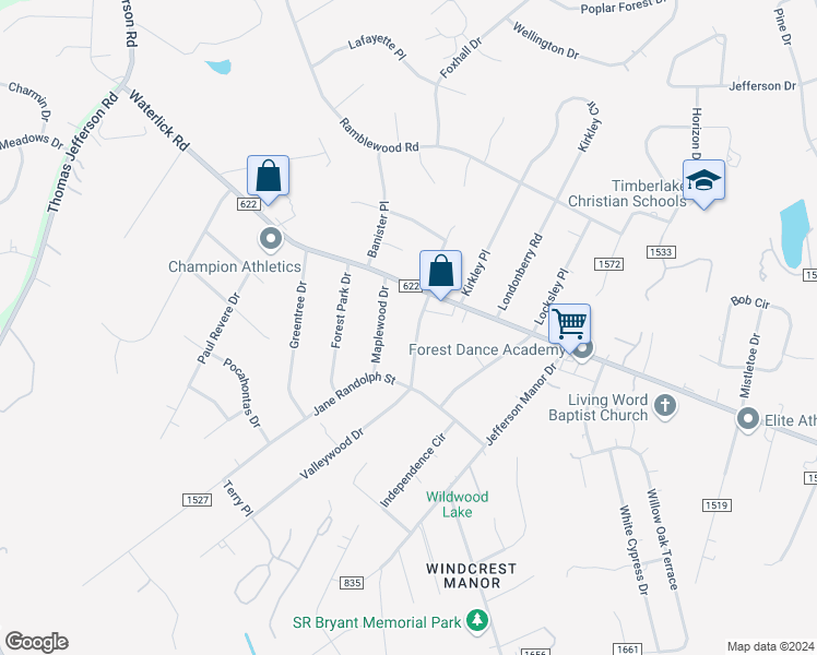 map of restaurants, bars, coffee shops, grocery stores, and more near 17 Valleywood Drive in Forest