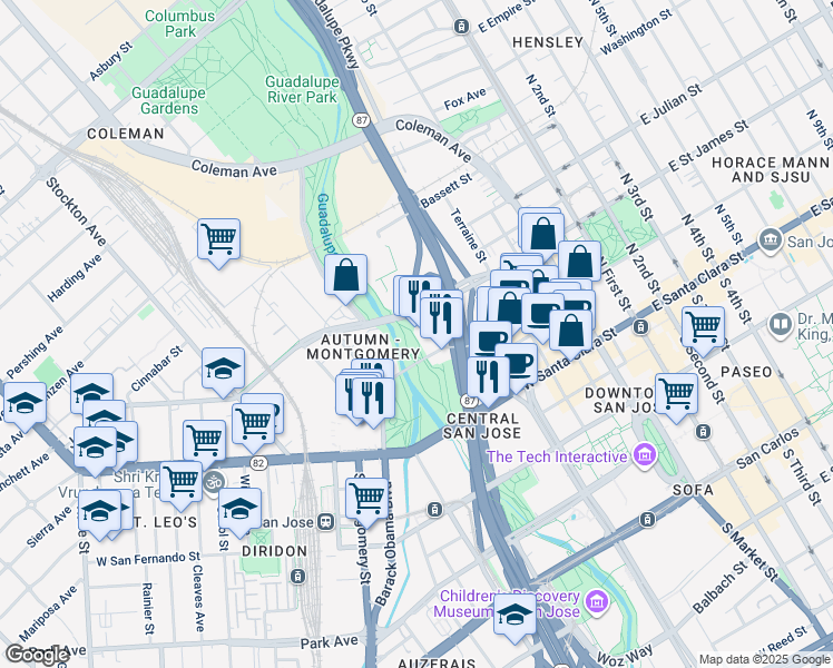 map of restaurants, bars, coffee shops, grocery stores, and more near 349 West Saint John Street in San Jose