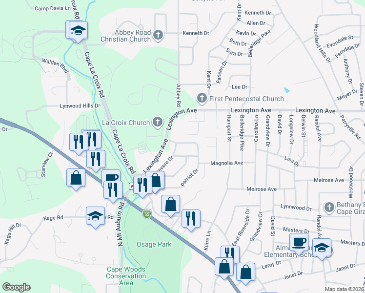 map of restaurants, bars, coffee shops, grocery stores, and more near 3037 Cannon Lane in Cape Girardeau