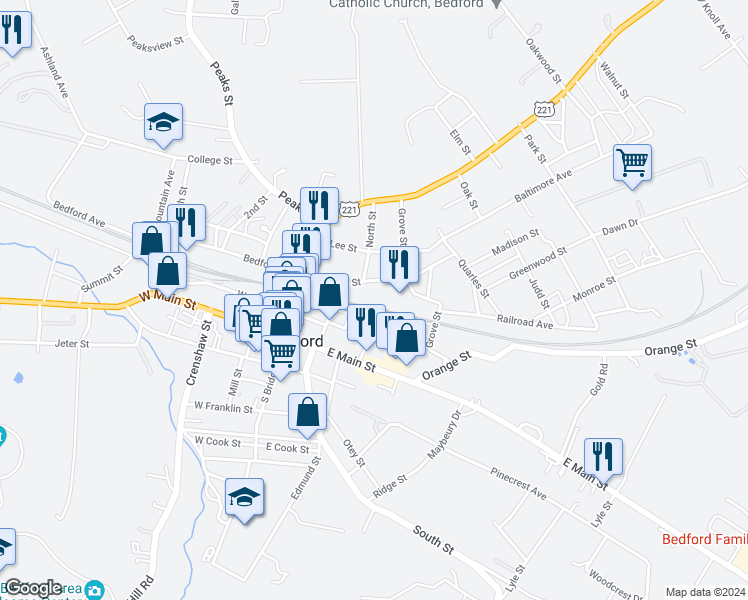 map of restaurants, bars, coffee shops, grocery stores, and more near 412 Jackson Street in Bedford