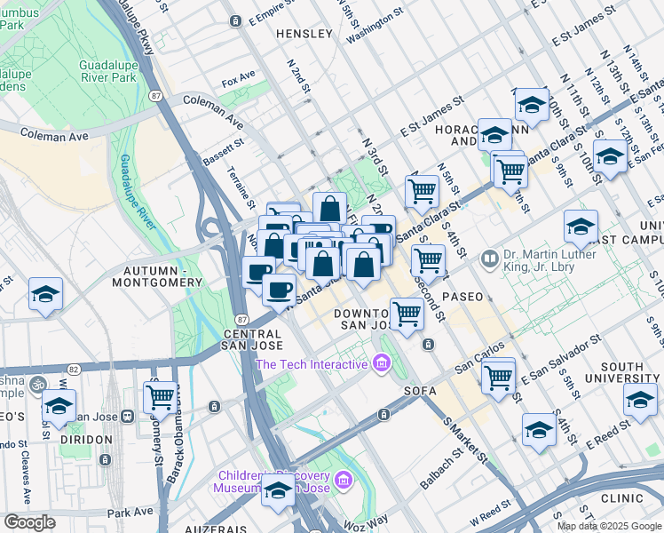 map of restaurants, bars, coffee shops, grocery stores, and more near 142 West Santa Clara Street in San Jose