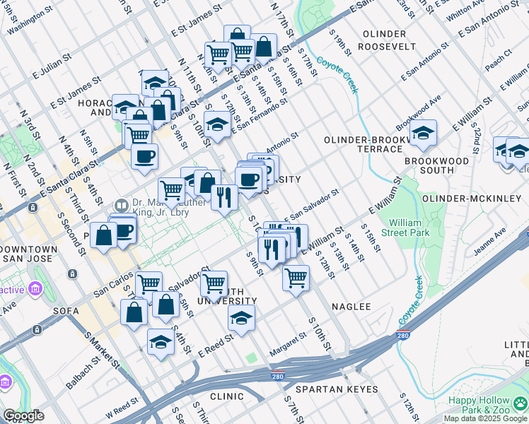 map of restaurants, bars, coffee shops, grocery stores, and more near in San Jose