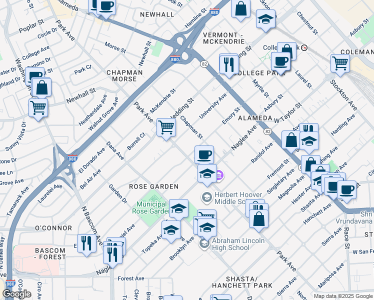 map of restaurants, bars, coffee shops, grocery stores, and more near 1801 Park Avenue in San Jose