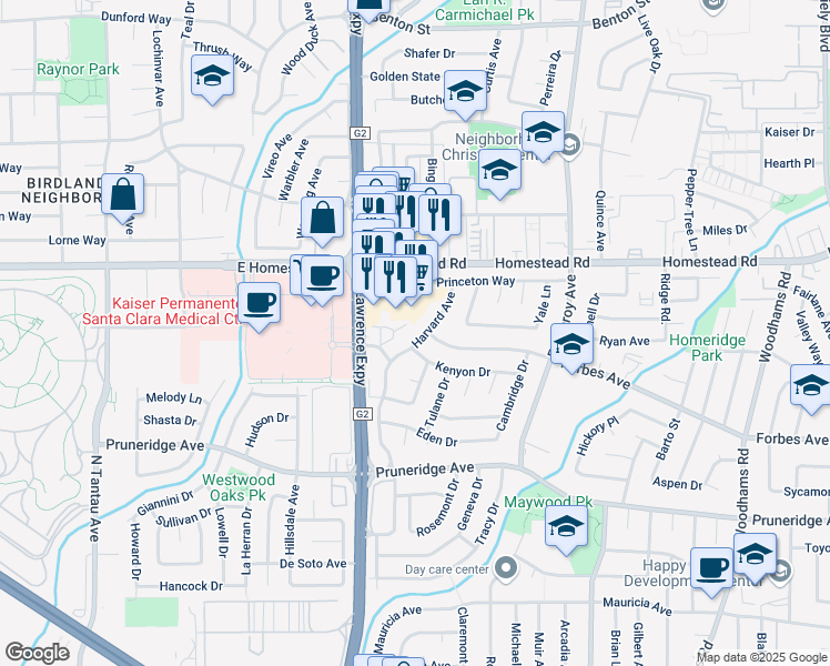 map of restaurants, bars, coffee shops, grocery stores, and more near 3514 Kenyon Drive in Santa Clara