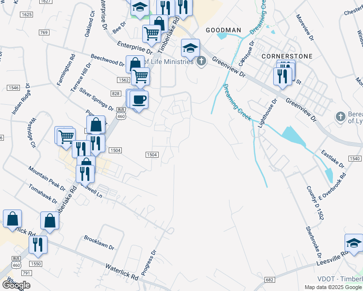 map of restaurants, bars, coffee shops, grocery stores, and more near 172 Clubhouse Drive in Lynchburg