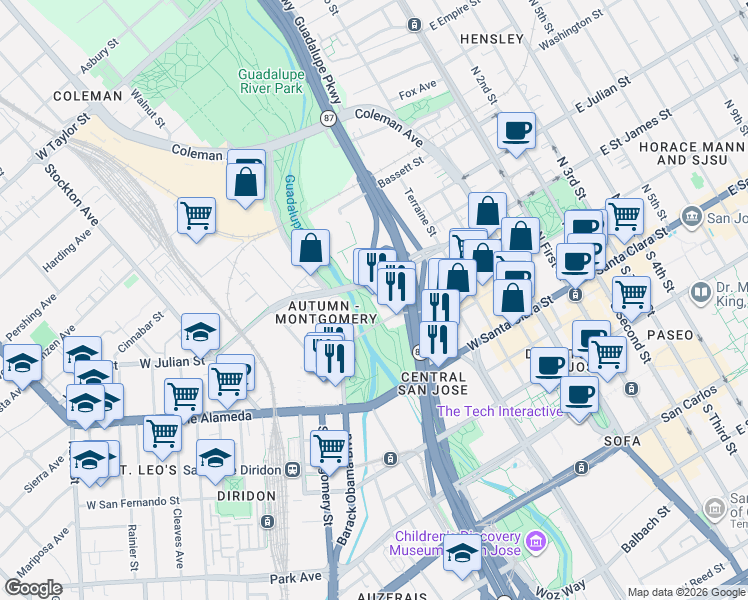map of restaurants, bars, coffee shops, grocery stores, and more near 350 West Julian Street in San Jose