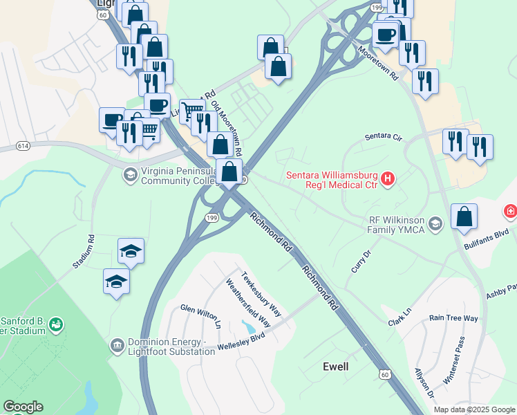 map of restaurants, bars, coffee shops, grocery stores, and more near 6266 Richmond Road in Williamsburg