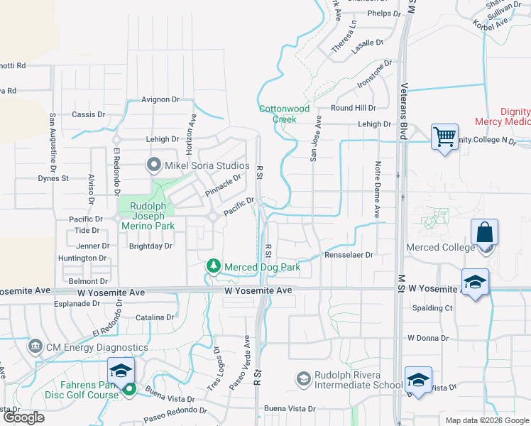 map of restaurants, bars, coffee shops, grocery stores, and more near 3816 R Street in Merced