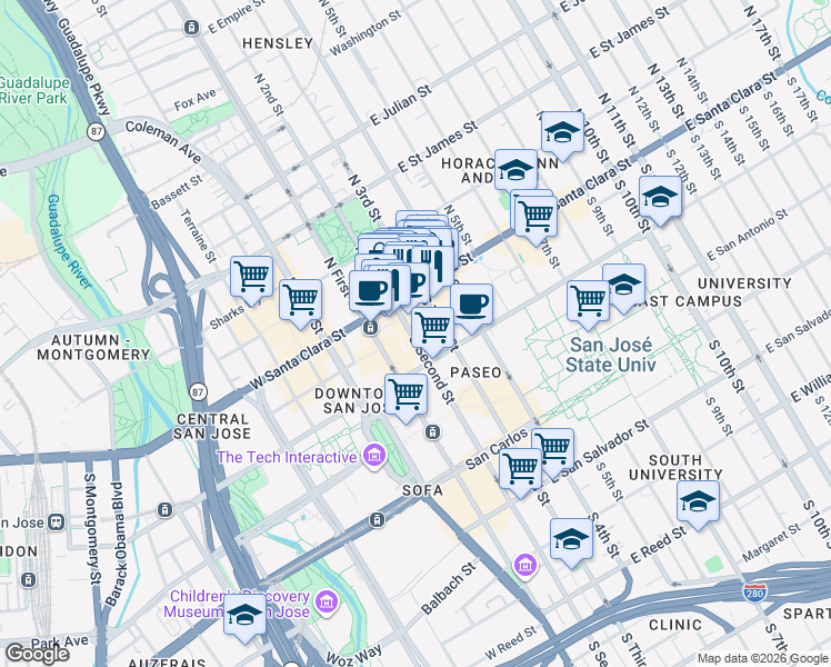 map of restaurants, bars, coffee shops, grocery stores, and more near 56 South 2nd Street in San Jose