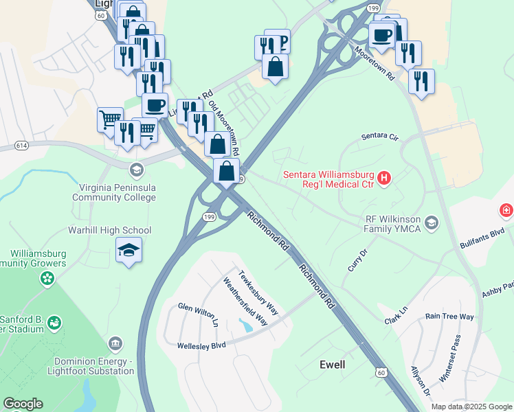 map of restaurants, bars, coffee shops, grocery stores, and more near 6266 Richmond Road in Williamsburg