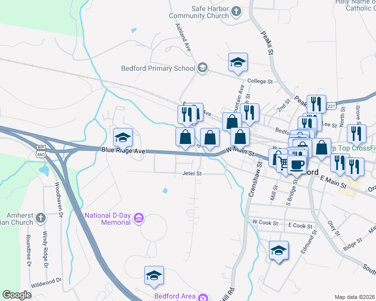 map of restaurants, bars, coffee shops, grocery stores, and more near 554 Blue Ridge Avenue in Bedford