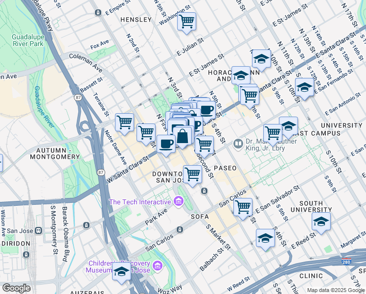 map of restaurants, bars, coffee shops, grocery stores, and more near in San Jose