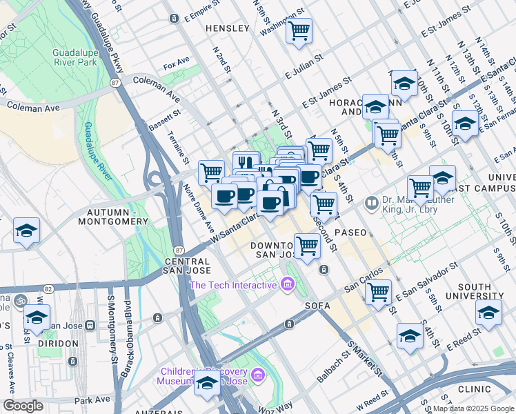 map of restaurants, bars, coffee shops, grocery stores, and more near 66 North Market Street in San Jose