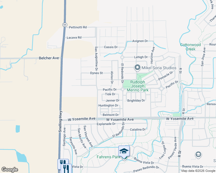 map of restaurants, bars, coffee shops, grocery stores, and more near 1342 Irvine Court in Merced