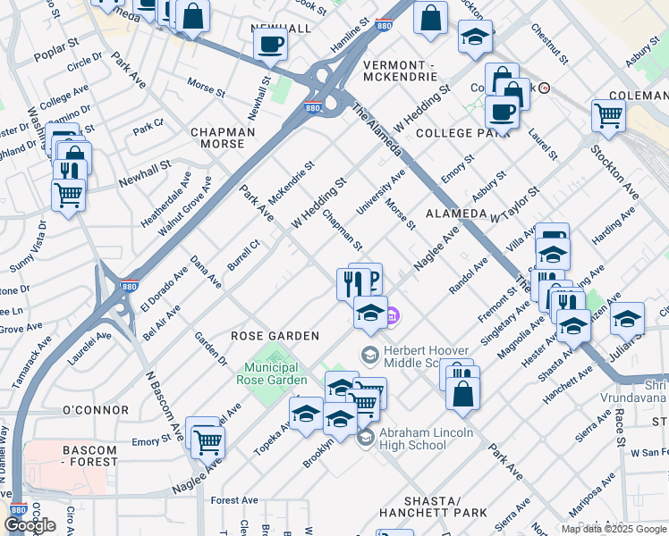 map of restaurants, bars, coffee shops, grocery stores, and more near 1812 Park Avenue in San Jose