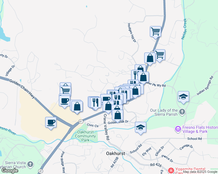 map of restaurants, bars, coffee shops, grocery stores, and more near 40451 Live Oak Drive in Oakhurst