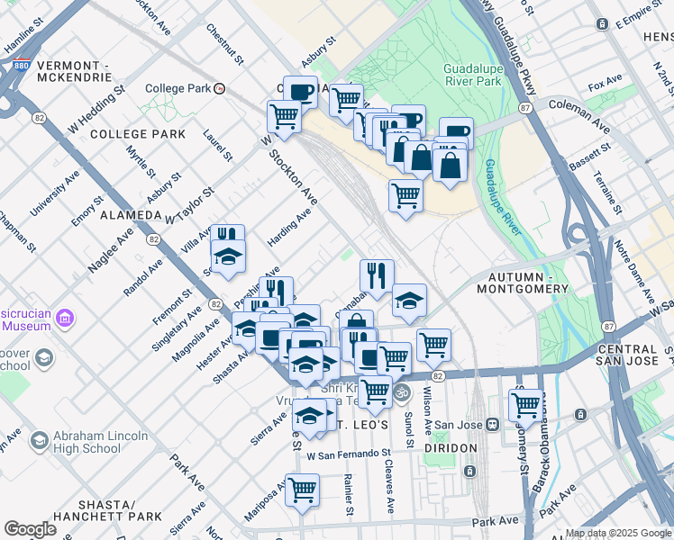 map of restaurants, bars, coffee shops, grocery stores, and more near 875 Cinnabar Street in San Jose