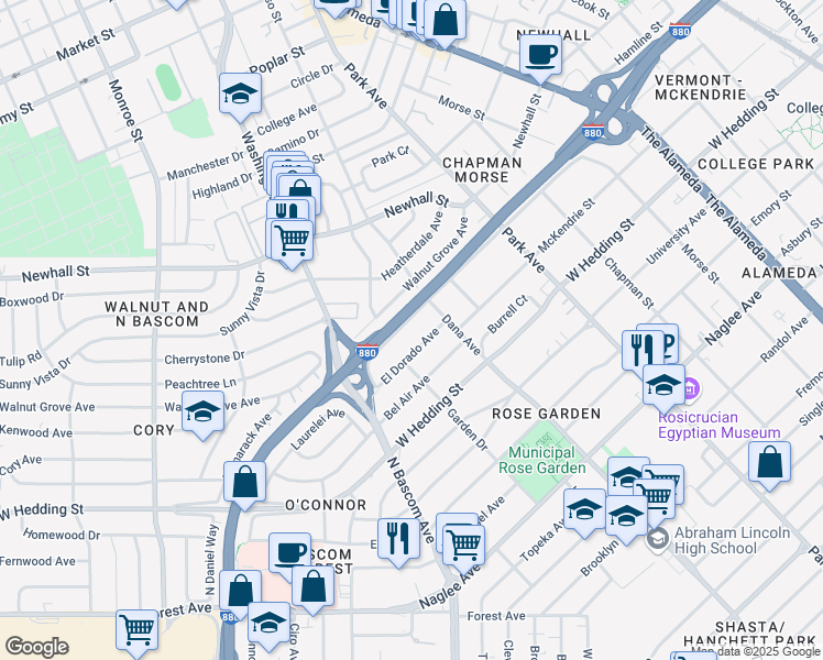 map of restaurants, bars, coffee shops, grocery stores, and more near 1646 Davis Street in San Jose