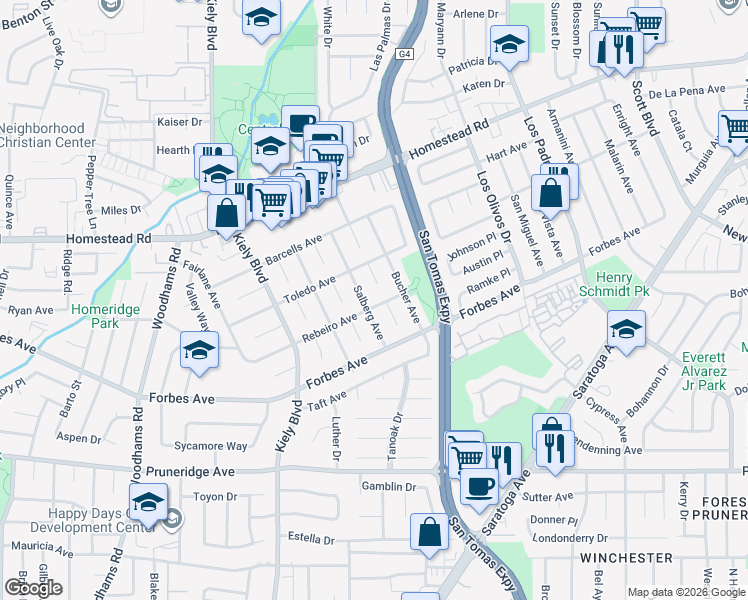 map of restaurants, bars, coffee shops, grocery stores, and more near 680 Marshall Court in Santa Clara