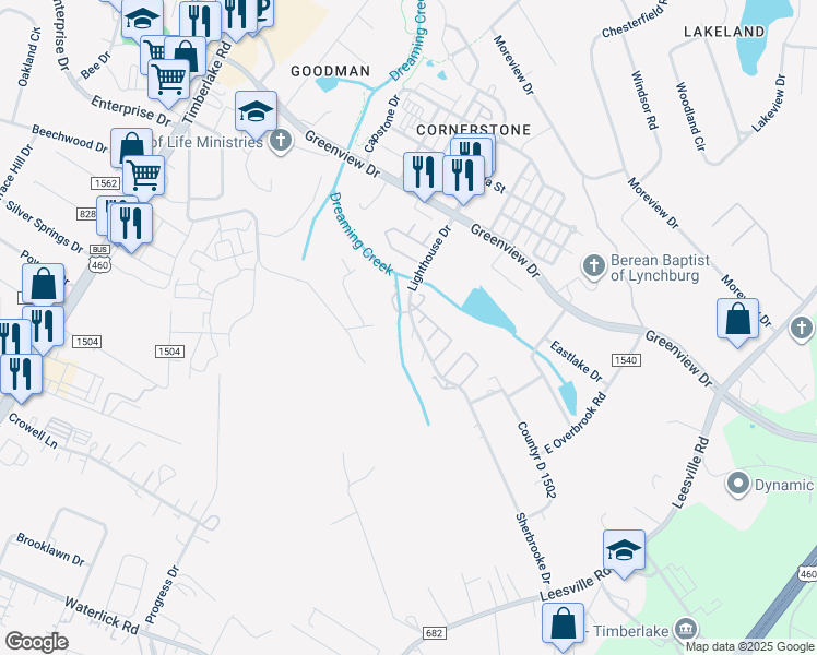 map of restaurants, bars, coffee shops, grocery stores, and more near 11 Cape Point Court in Lynchburg