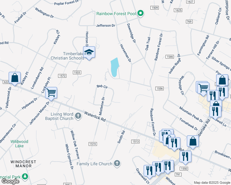 map of restaurants, bars, coffee shops, grocery stores, and more near 233 Bob Circle in Forest