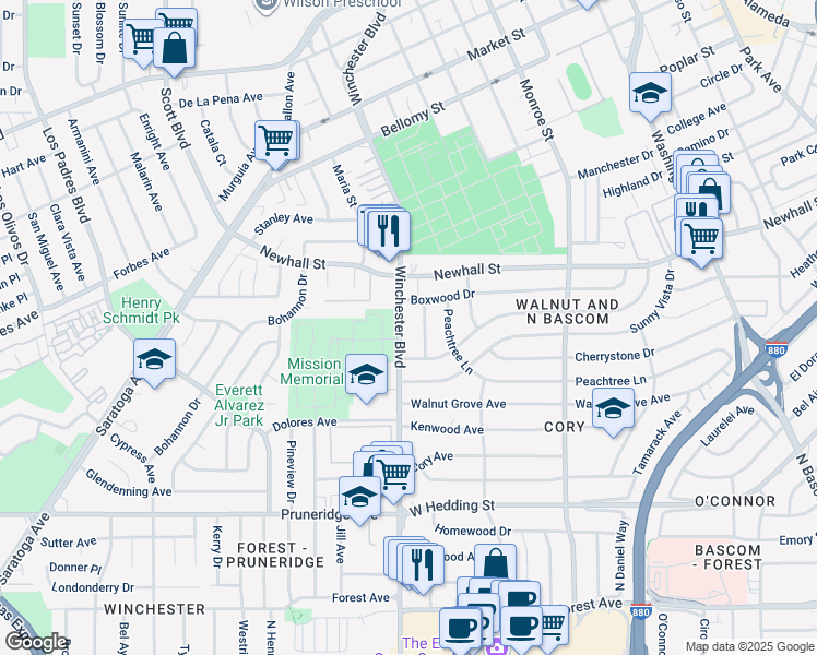 map of restaurants, bars, coffee shops, grocery stores, and more near 1230 North Winchester Boulevard in Santa Clara