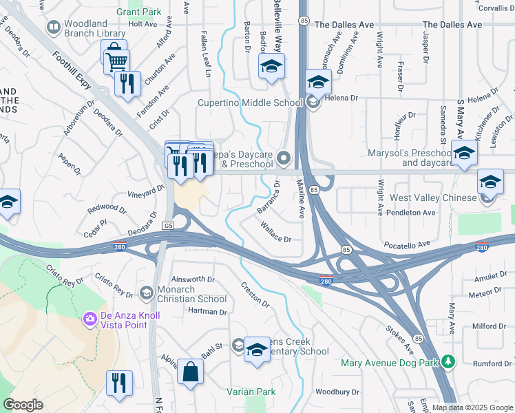 map of restaurants, bars, coffee shops, grocery stores, and more near 10881 Barranca Drive in Cupertino