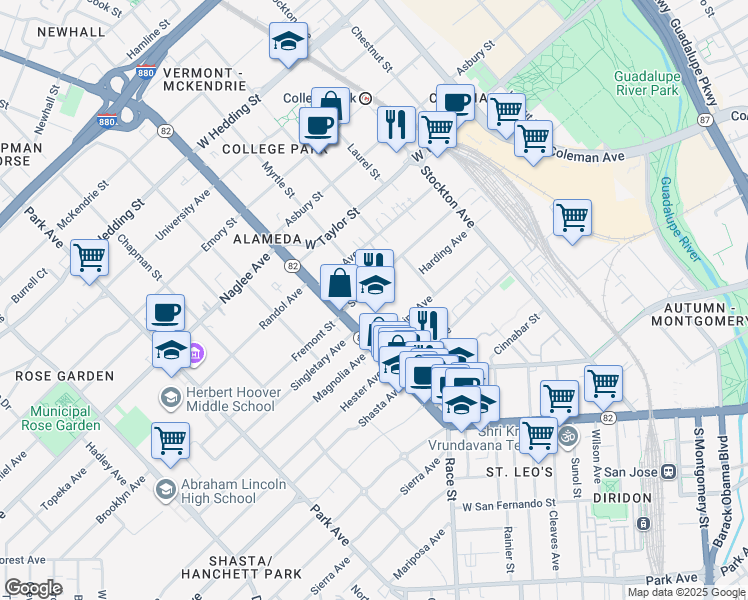 map of restaurants, bars, coffee shops, grocery stores, and more near 999 Schiele Avenue in San Jose