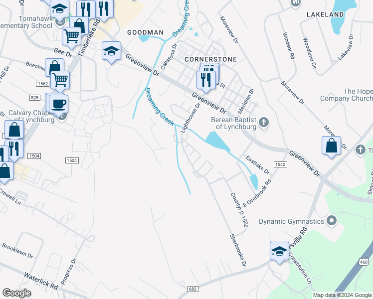 map of restaurants, bars, coffee shops, grocery stores, and more near 24 Cape Fear Court in Lynchburg