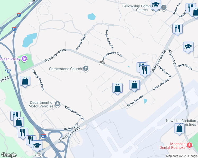 map of restaurants, bars, coffee shops, grocery stores, and more near 6949 Linn Drive in Roanoke