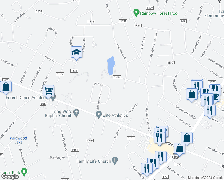 map of restaurants, bars, coffee shops, grocery stores, and more near 233 Bob Circle in Forest