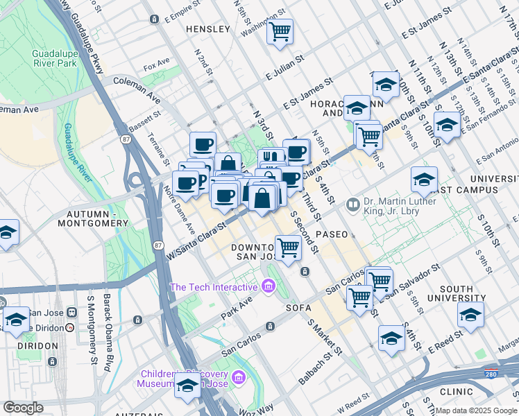 map of restaurants, bars, coffee shops, grocery stores, and more near 66 North Market Street in San Jose