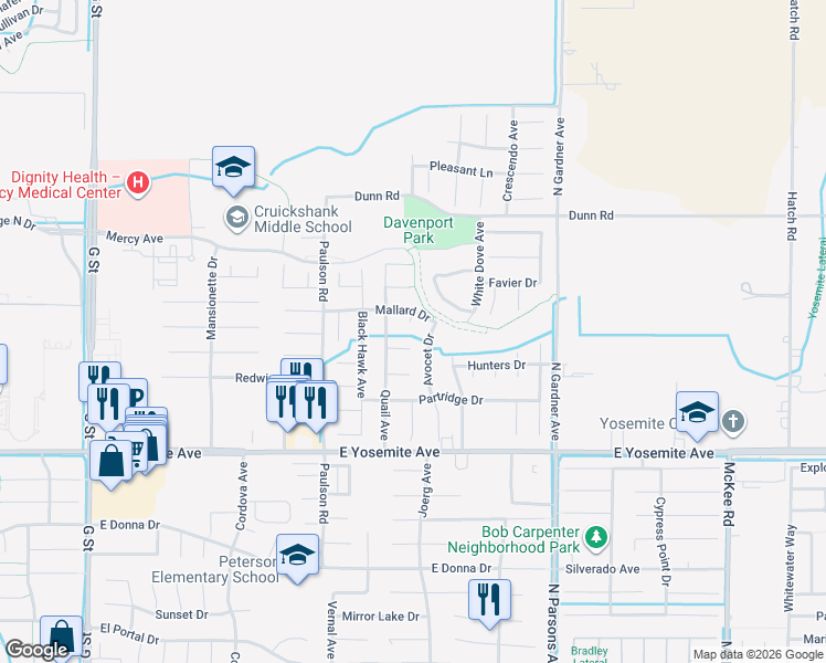 map of restaurants, bars, coffee shops, grocery stores, and more near 3854 Canvasback Court in Merced