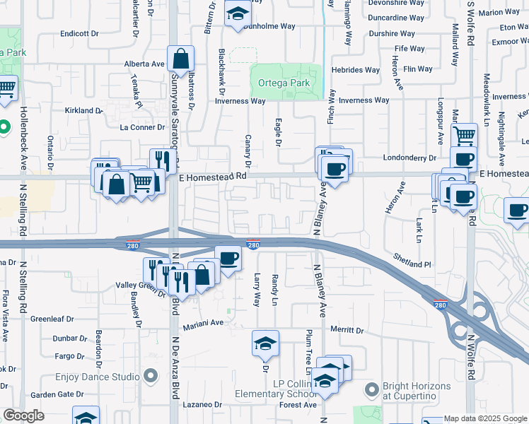 map of restaurants, bars, coffee shops, grocery stores, and more near 10941 Northsky Square in Cupertino