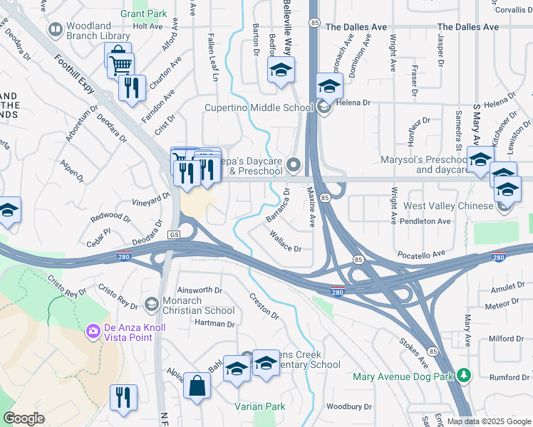 map of restaurants, bars, coffee shops, grocery stores, and more near 10881 Barranca Drive in Cupertino