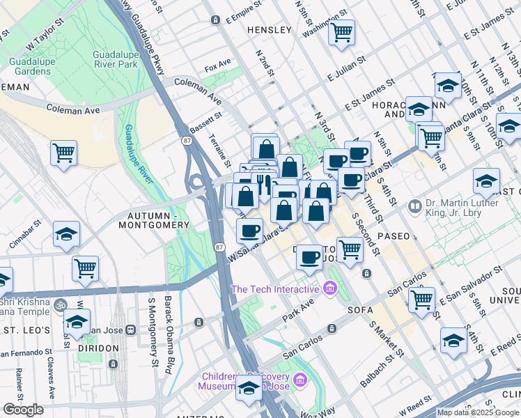 map of restaurants, bars, coffee shops, grocery stores, and more near 100 North Almaden Avenue in San Jose