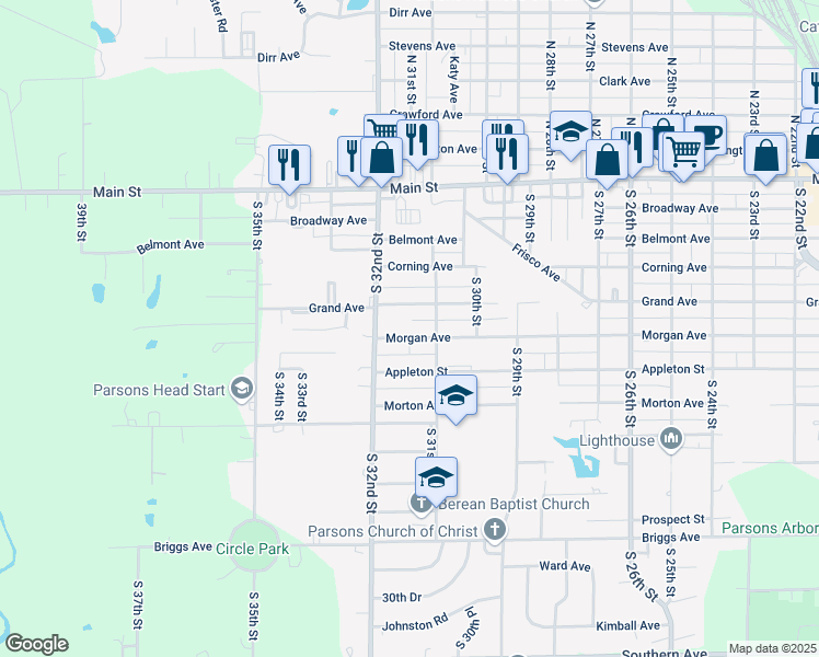 map of restaurants, bars, coffee shops, grocery stores, and more near 3136-3140 Grand Avenue in Parsons