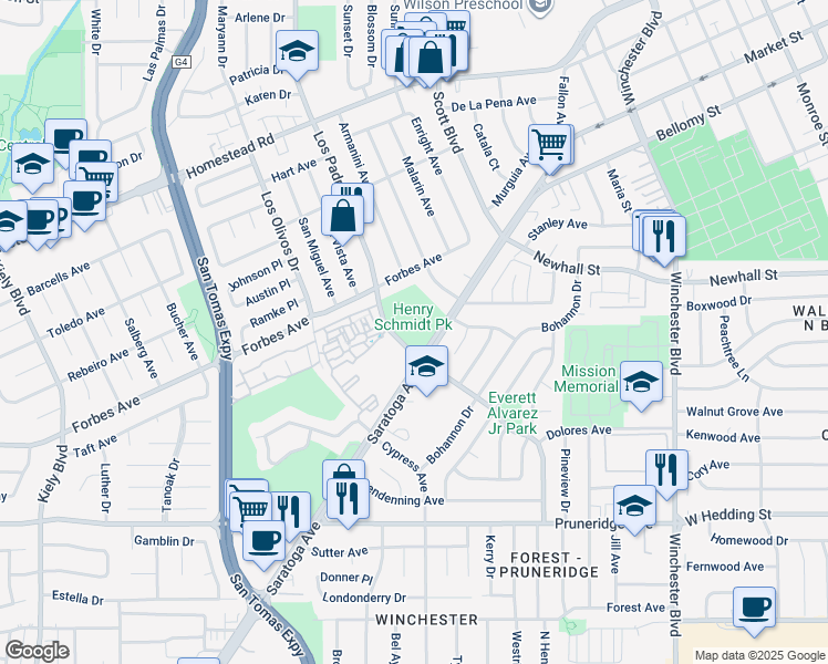 map of restaurants, bars, coffee shops, grocery stores, and more near 555 Los Padres Boulevard in Santa Clara